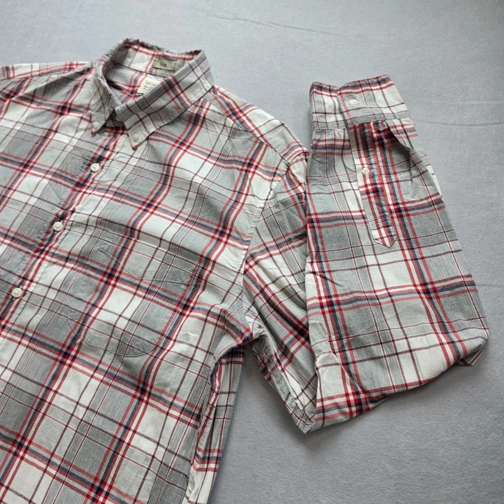 J. Crew Secret Wash Slim Fit Plaid Button Down Shirt Mens XL Grey Red Stretch